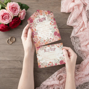 Pink & Red Romantic Rose Spring Floral Wedding All In One Invitation