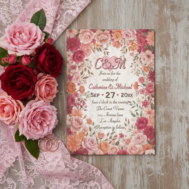 Pink & Red Romantic Rose Spring Floral Wedding Invitation (Creator Uploaded)