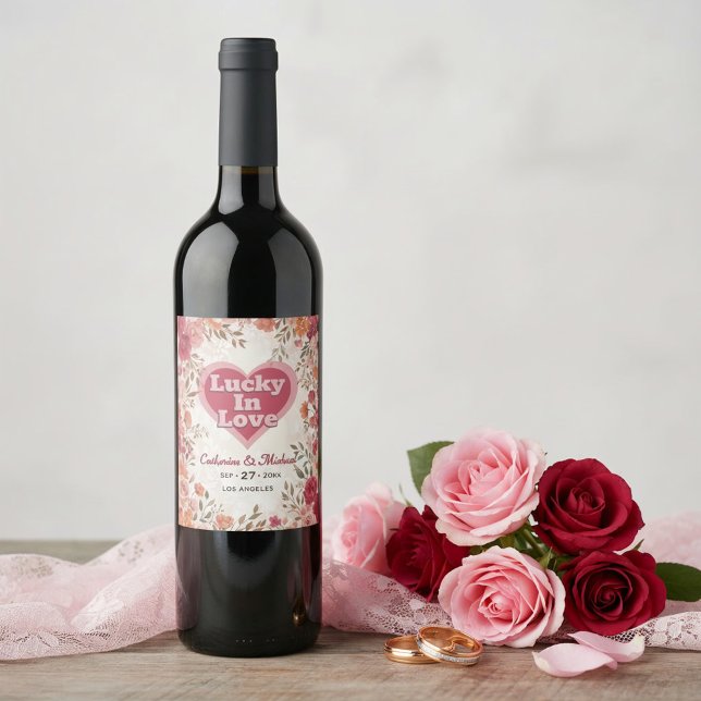 Pink & Red Romantic Rose Spring Floral Wedding Wine Label (Front view pink red watercolor floral vintage spring garden romantic wedding wine bottle label)