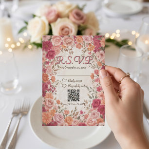 Pink & Red Romantic Spring Floral QR Code Wedding RSVP Card