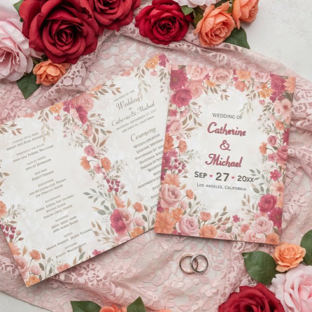 pink & Red Romantic Spring Wedding Programme (Top view of pink red orange watercolor floral spring wedding program)