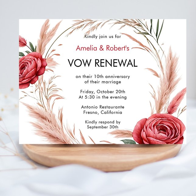 Pink Red Rose Boho Pampas Vow Renewal Invitation (Creator Uploaded)