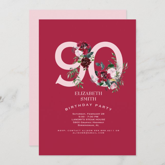 Pink & Red Rose Elegant 90th Birthday Party  Invitation (Front/Back)