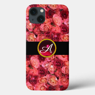 PINK RED ROSE FIELD ,RED RUBY GEMSTONE MONOGRAM iPhone 13 CASE
