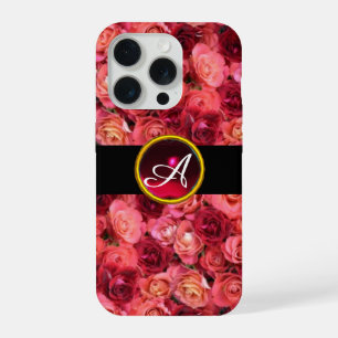 PINK RED ROSE FIELD ,RED RUBY GEMSTONE MONOGRAM iPhone 15 PRO CASE