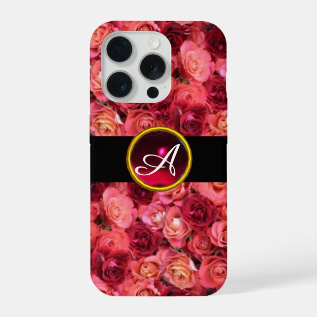 PINK RED ROSE FIELD ,RED RUBY GEMSTONE MONOGRAM iPhone CASE (Back)