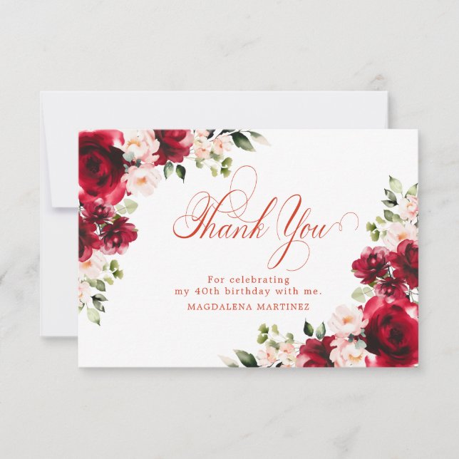 Pink Red Rose Floral 40th Birthday Personalised Thank You Card (Front)