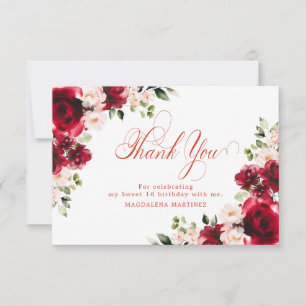 Pink Red Rose Floral Sweet 16 Personalised Thank You Card
