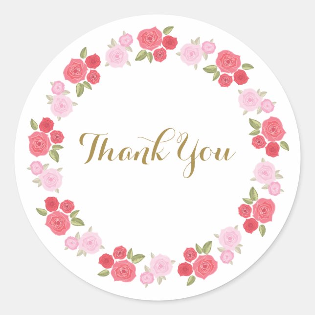Pink Red Rose Flowers Floral Thank You Classic Round Sticker (Front)