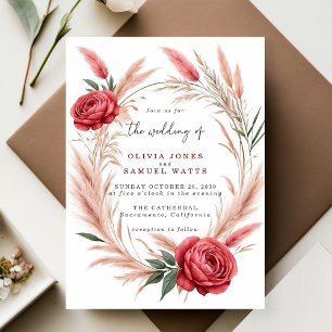Pink Red Rose Pampas Boho Wedding Invitation