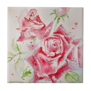 Pink Red Rose Roses Watercolor Flower Floral art Tile