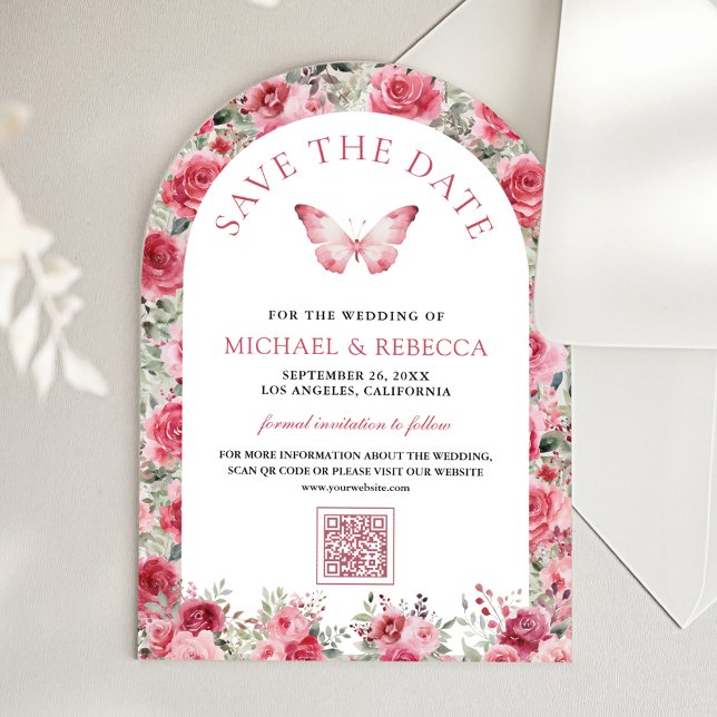 Pink Red Roses Butterfly Wedding Save the Date Acrylic Invitations (Creator Uploaded)