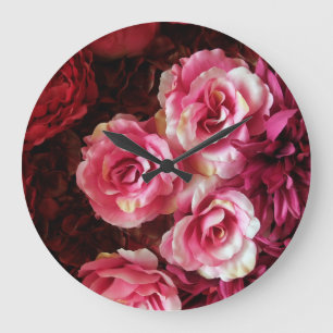 Pink, red roses: fabric background. large clock