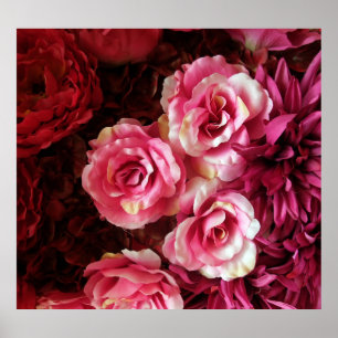 Pink, red roses: fabric background. poster