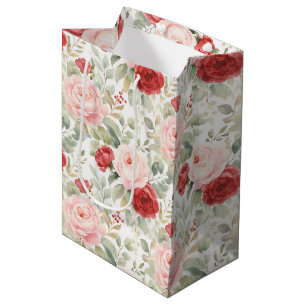 Pink Red Roses Floral Bridal Shower Medium Gift Bag