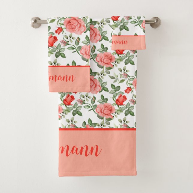 Pink Red Roses Floral Flowers Elegant Gift Bath Towel Set (Insitu)
