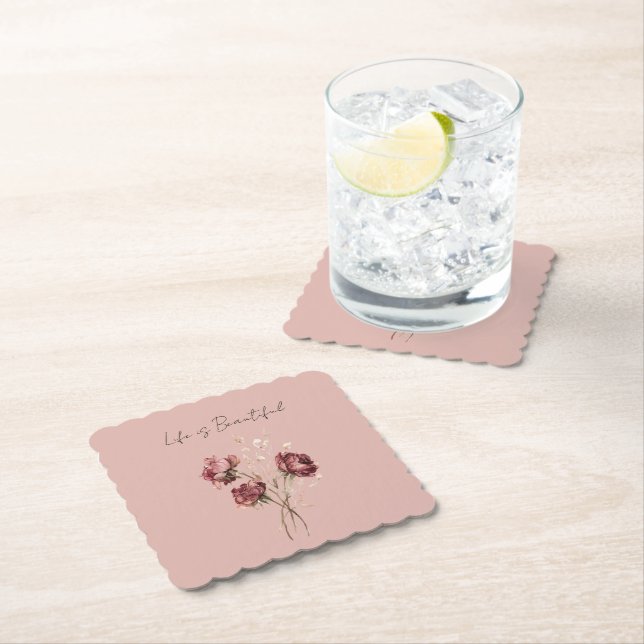 Pink Red Roses Floral Paper Coaster (Insitu)
