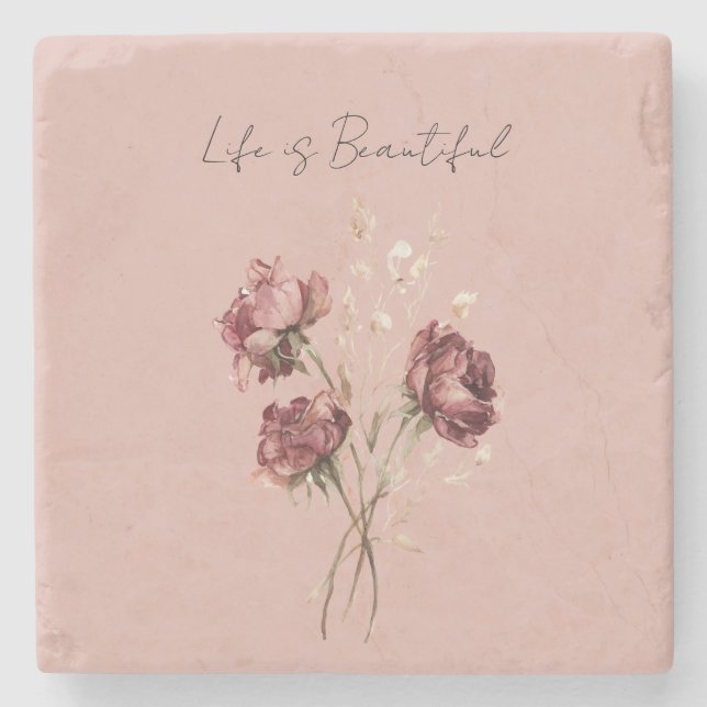 Pink Red Roses Floral Stone Coaster (Front)