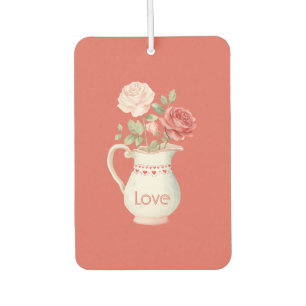 Pink Red Roses Floral Vase Green Leaves Car Air Freshener