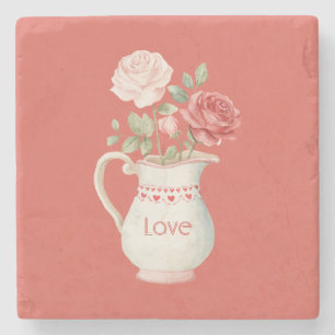 Pink Red Roses Floral Vase Stone Coaster
