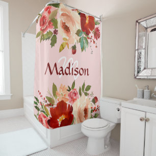 Pink Red Roses Trendy Girly Monogram  Shower Curtain