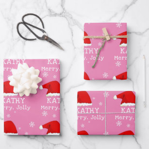 Pink Red Santa Hat Snowflake Merry Jolly Kids Wrapping Paper Sheet