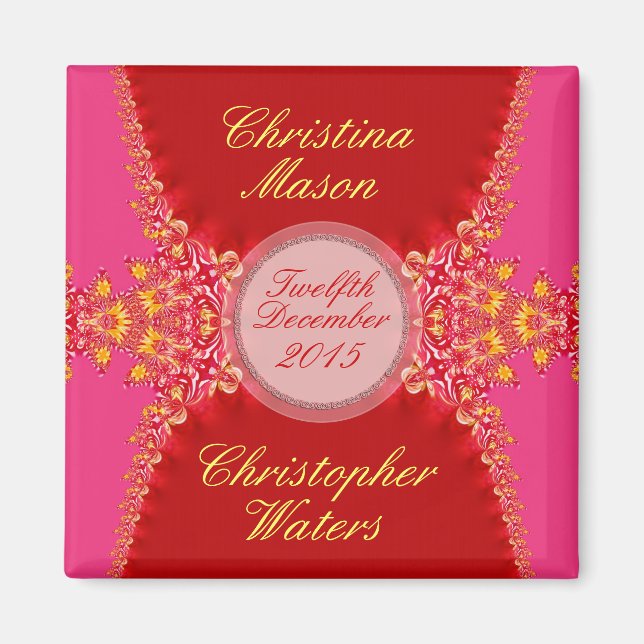 Pink Red Satin+Lace Wedding Favours Magnet (Front)