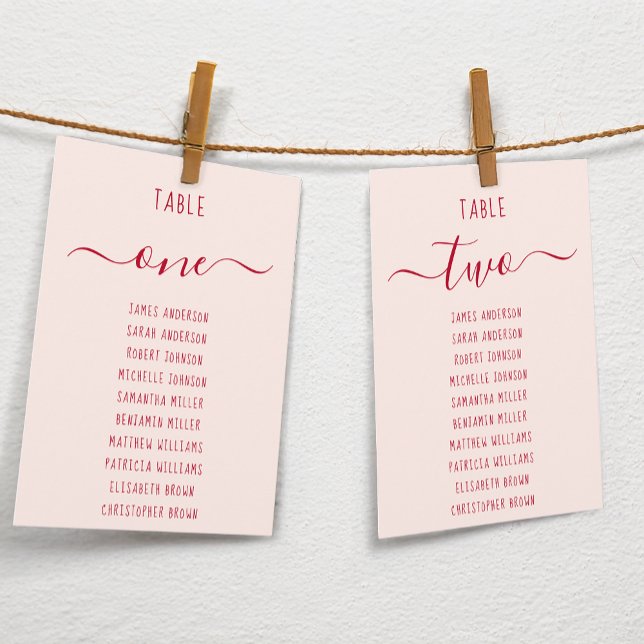 Pink & Red Script Simple Modern Seating Chart Card (Creator Uploaded)