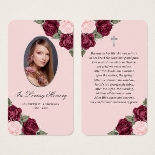 Pink Red Silver Floral Memorial Funeral Card