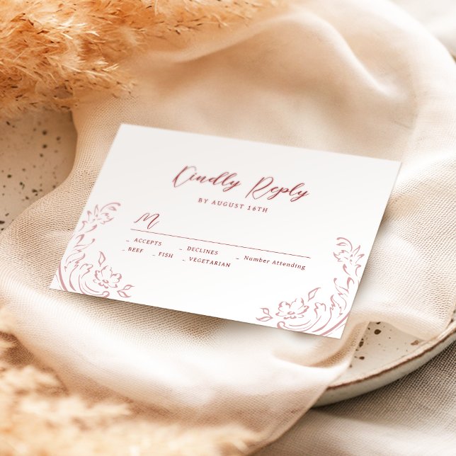 Pink Red Sketched Vintage Flourish Wedding RSVP Card (Pink Red Sketched Vintage Flourish Wedding RSVP)