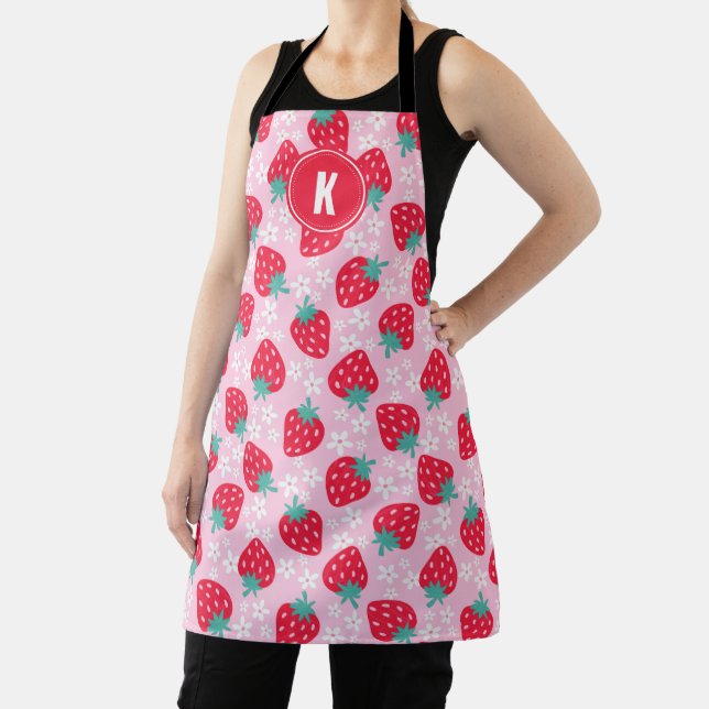 Pink Red Strawberries Floral  Pattern Monogram Apron (Insitu)
