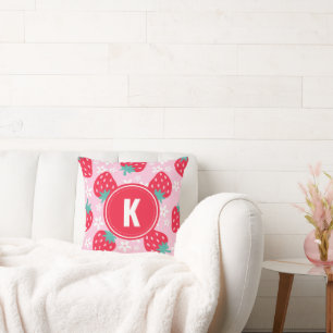 Pink Red Strawberries Floral Pattern Monogram Cushion