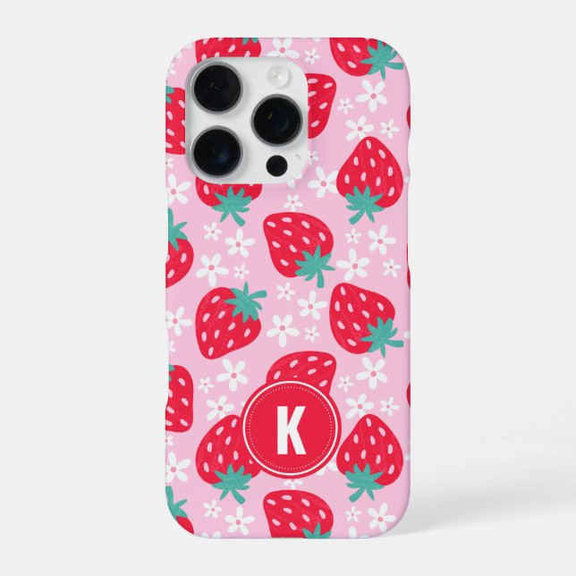 Pink Red Strawberries Floral  Pattern Monogram iPhone Case (Back)
