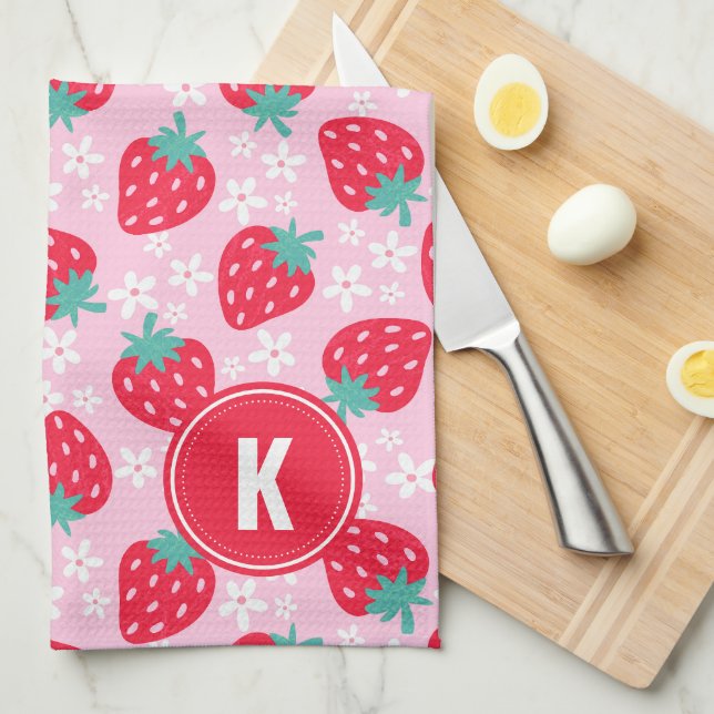 Pink Red Strawberries Floral  Pattern Monogram Tea Towel (Quarter Fold)