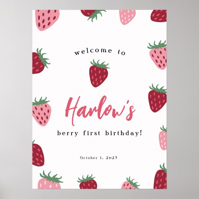Pink & Red Strawberry Berry first Birthday Welcome Poster (Front)