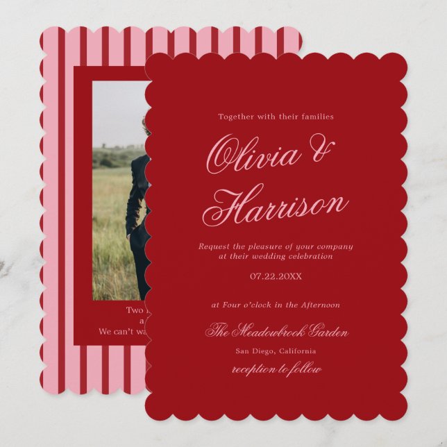 Pink Red Striped Retro Wedding Invitation (Front/Back)