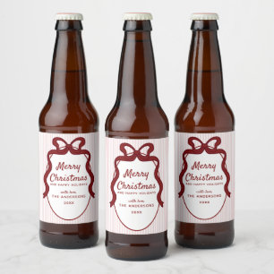 Pink & Red Stripes & Bow Frame Christmas  Beer Bottle Label