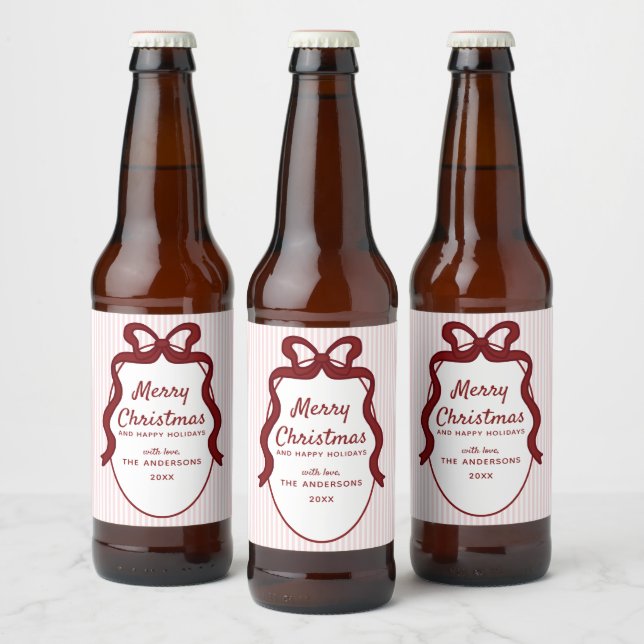 Pink & Red Stripes & Bow Frame Christmas  Beer Bottle Label (Bottles)