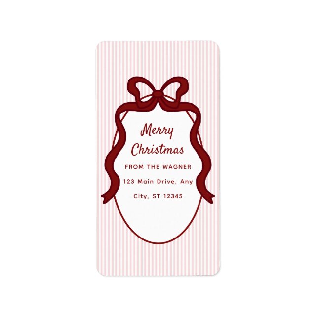 Pink Red Stripes & Bow Frame Christmas  Label (Front)