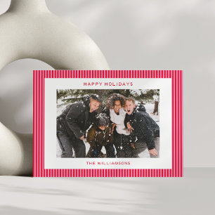 Pink Red Stripes Festive Family Horizontal Photo  Holiday Card