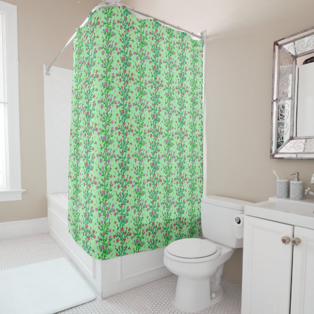 Pink red trailing flower print shower curtain (In Situ)