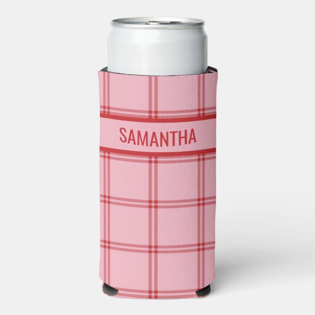 Pink + Red Trendy Plaid  Seltzer Can Cooler (Seltzer Front)