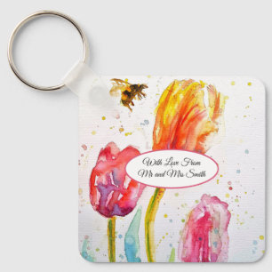 Pink Red Tulip and Bee Watercolor Painting Wedding Key Ring