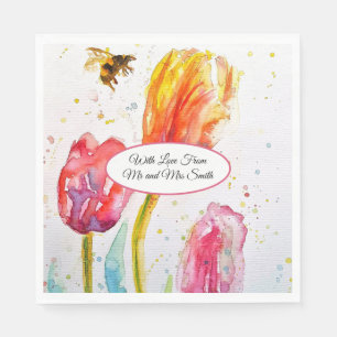 Pink Red Tulip and Bee Watercolor Painting Wedding Napkin