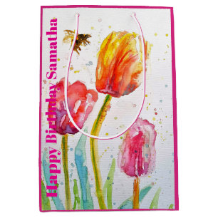 Pink Red Tulip Flower Watercolor Womans BIrthday Medium Gift Bag