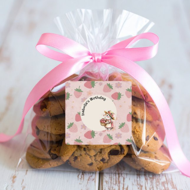 Pink Red Two Sweet Strawberry 2nd Birthday Party Square Sticker (Creator Uploaded)