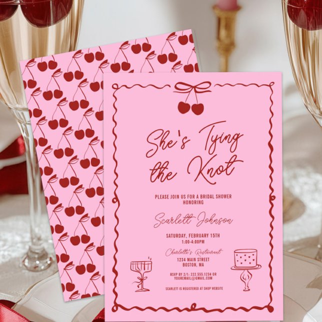 Pink & Red Tying the Knot Bow Cherry Bridal Shower Invitation (She's Tying the Knot Red and Pink Hand Drawn Cherry Bridal Shower Invitation, Chic Elegant Modern )