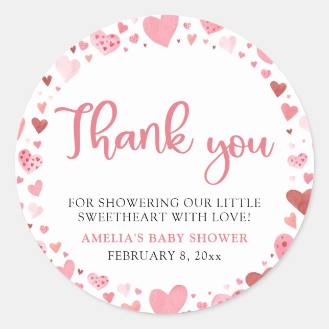 Pink Red Valentine A Little Sweetheart Baby Shower Classic Round Sticker (Front)