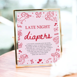 Pink Red Valentine Baby Shower Late Night Diapers Poster