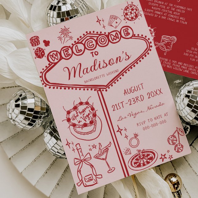 Pink Red Vegas Bachelorette Weekend Itinerary Invitation (Creator Uploaded)